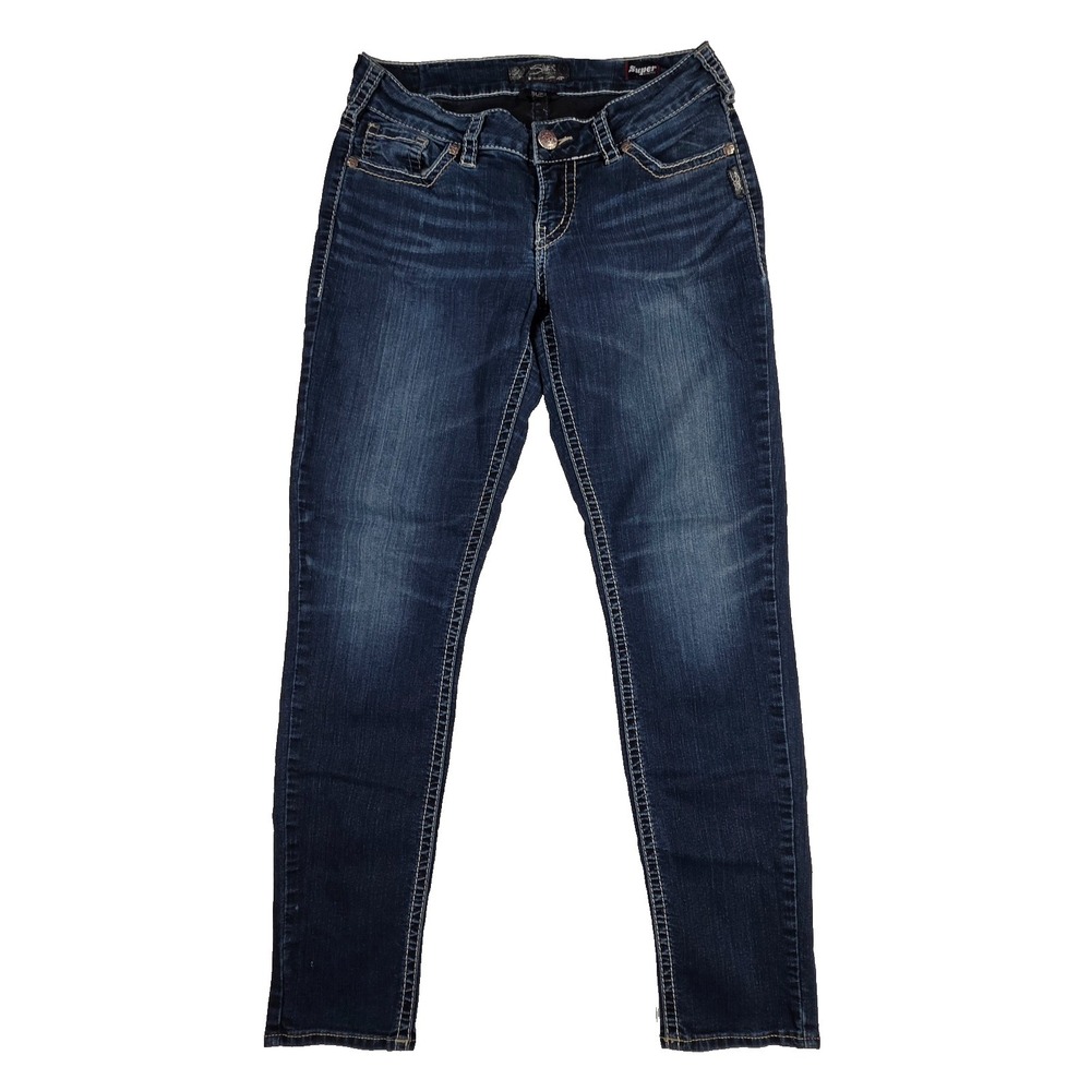 Silver Suki Jeans Super Stretch Mid Skinny 30x31 Dark Wash Distressed